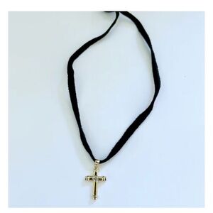 Vanessa Mooney Gold Cross Pendant on Black leather cord Choker